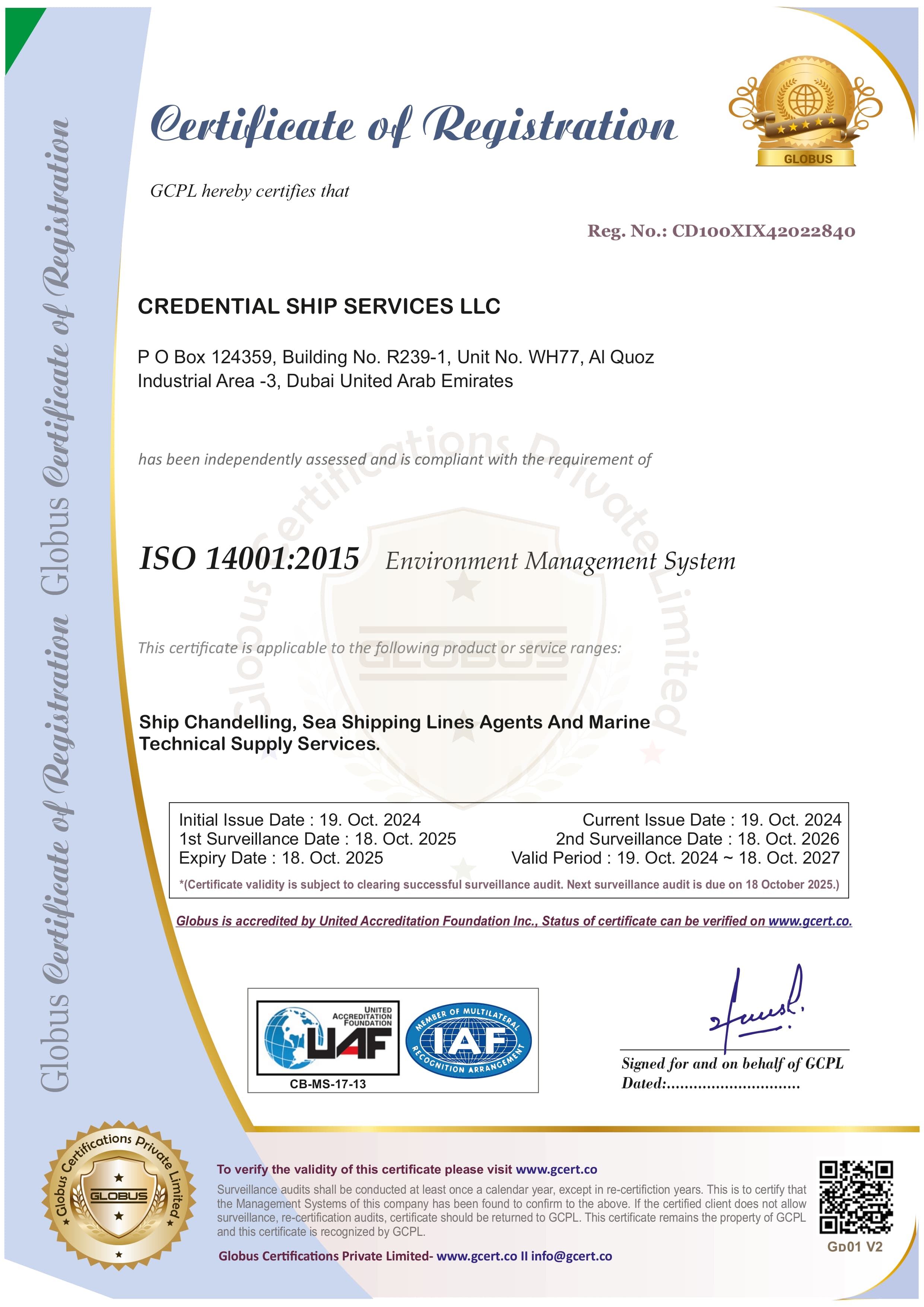 ISO 14001:2015 Environmental Management certificate issued to Credential Ship Services LLC by SGS