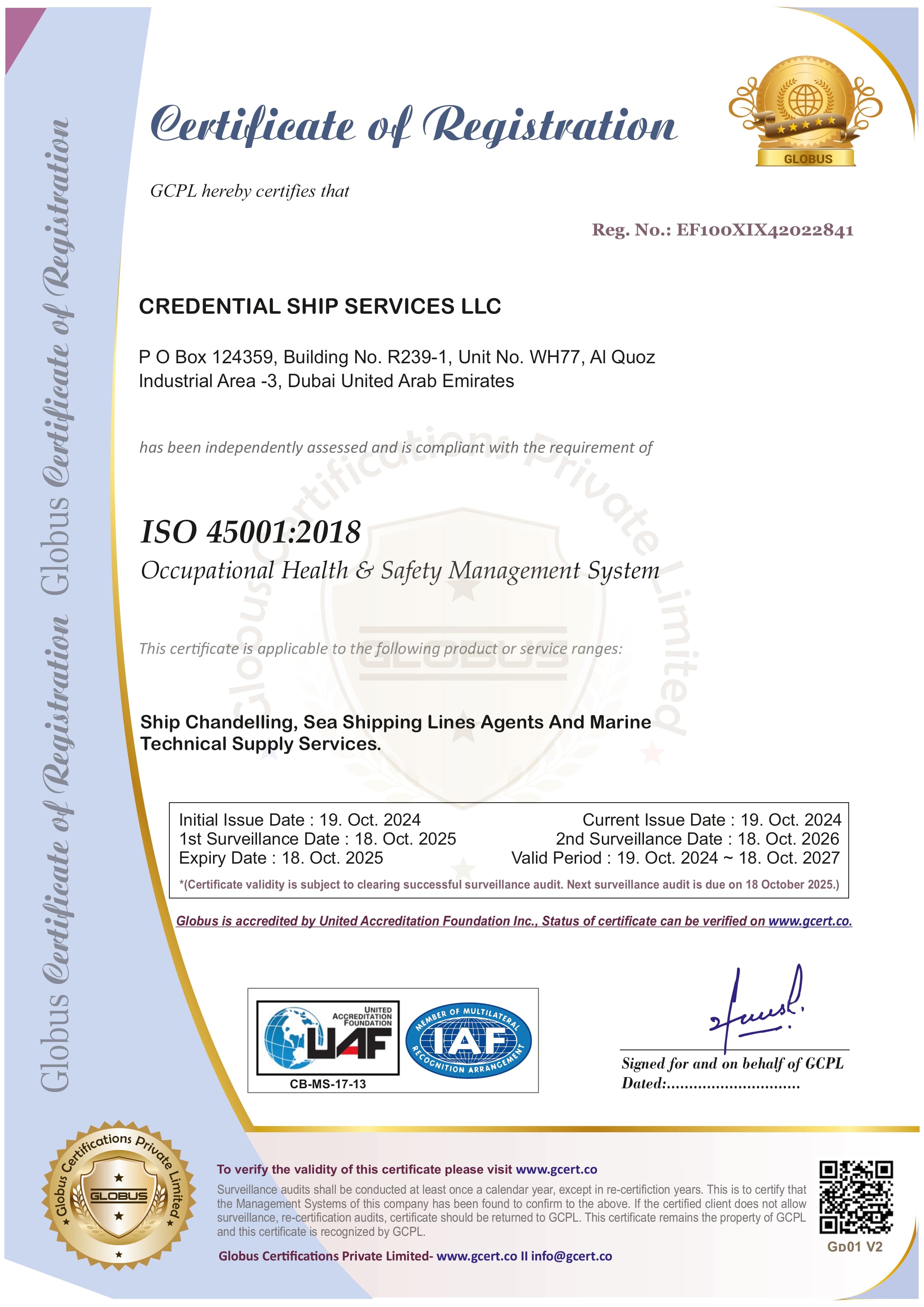 ISO 45001:2018 Occupational Health and Safety certificate issued to Credential Ship Services LLC by SGS