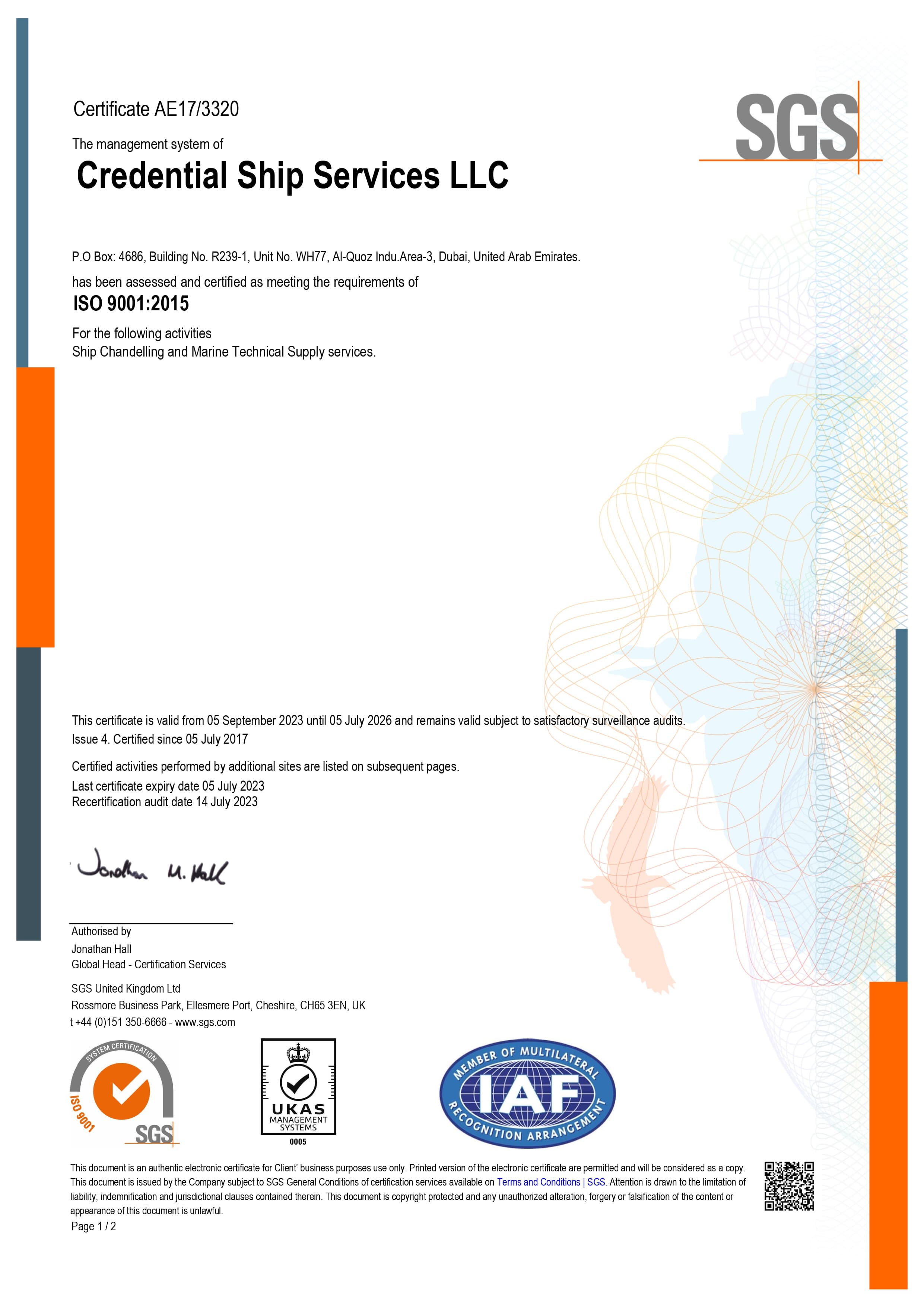 ISO 9001:2015 Quality Management certificate issued to Credential Ship Services LLC by SGS