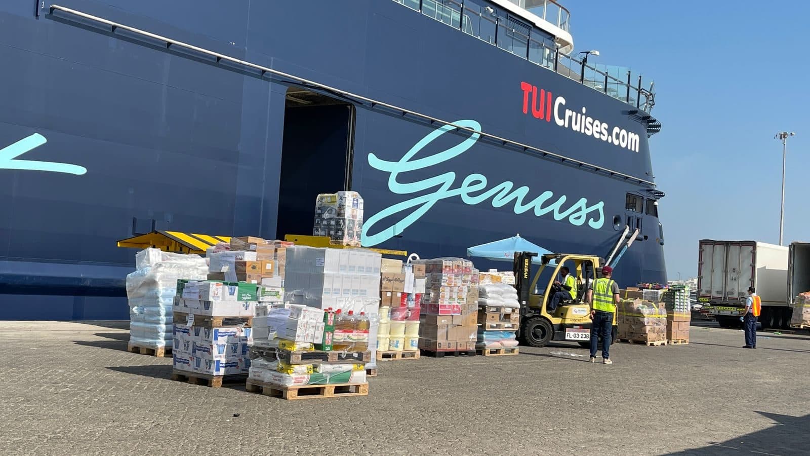 Credential Ship Services crew provisioning a cruise vessel at a UAE cruise terminal