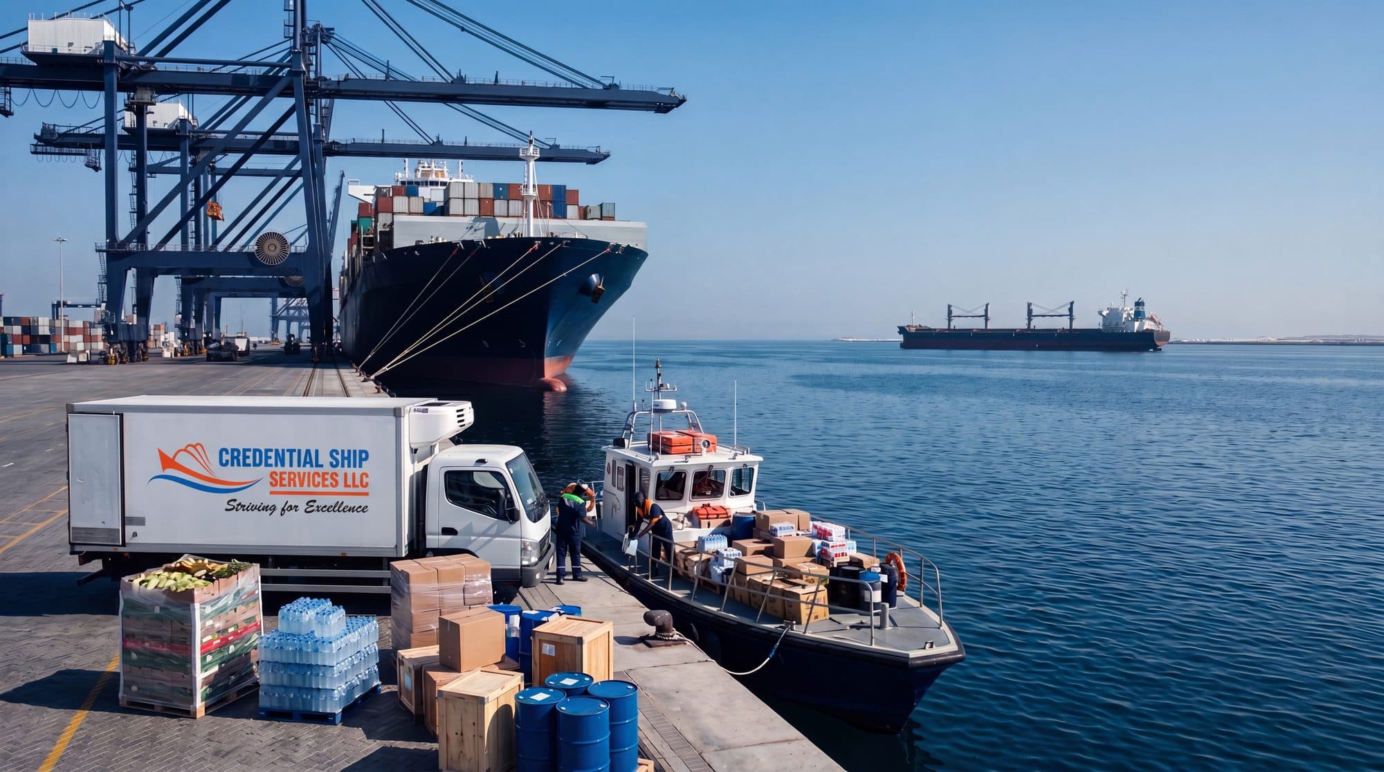 Credential Ship Services refrigerated truck and supply boat loaded with provisions alongside a container vessel at a UAE port