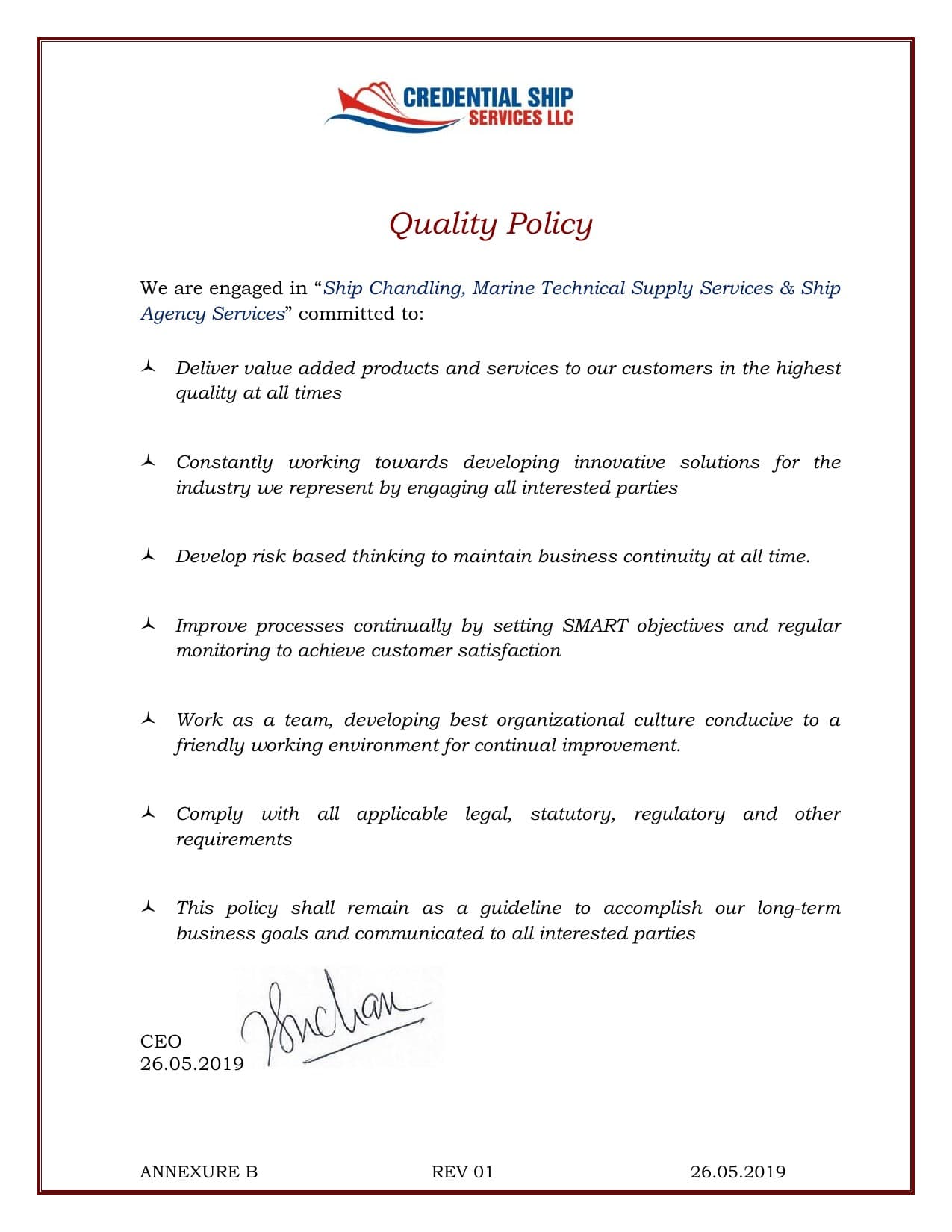 Credential Ship Services LLC Quality Policy, signed by the CEO
