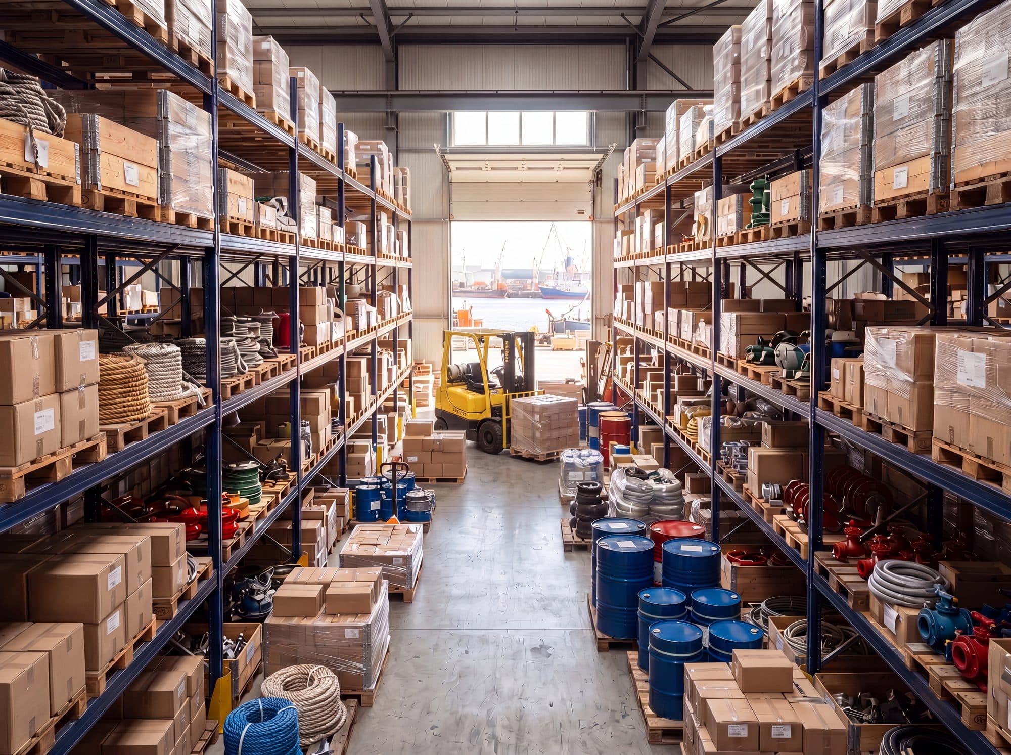 Marine ship stores and supplies on racking inside a Credential Ship Services chandlery warehouse near the port