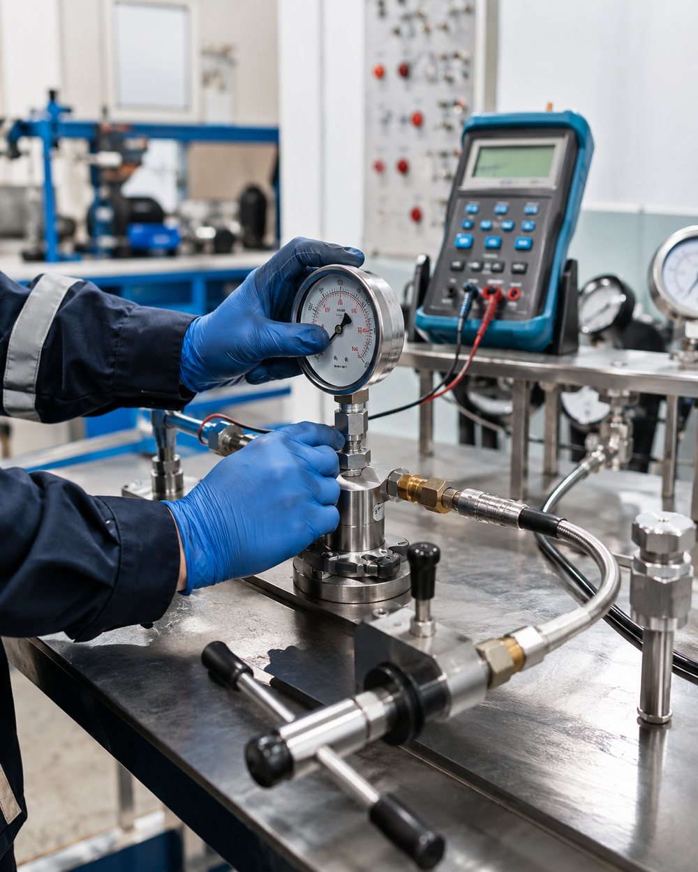 Marine instrument calibration bench with digital calibrator and pressure gauges under test against reference standards