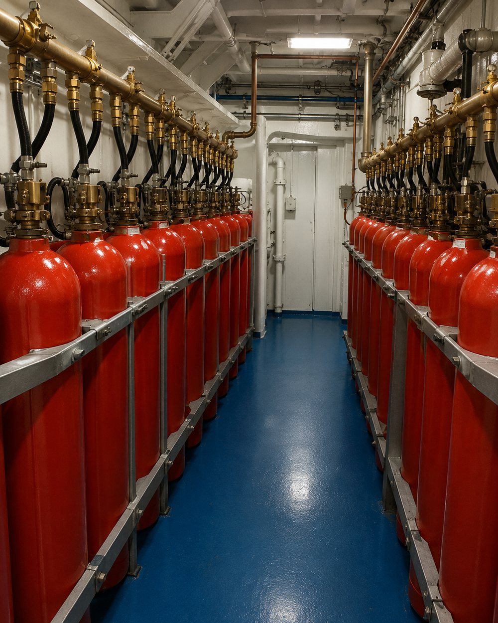 CO2 fixed fire-suppression cylinder bank with brass distribution manifold aboard a vessel