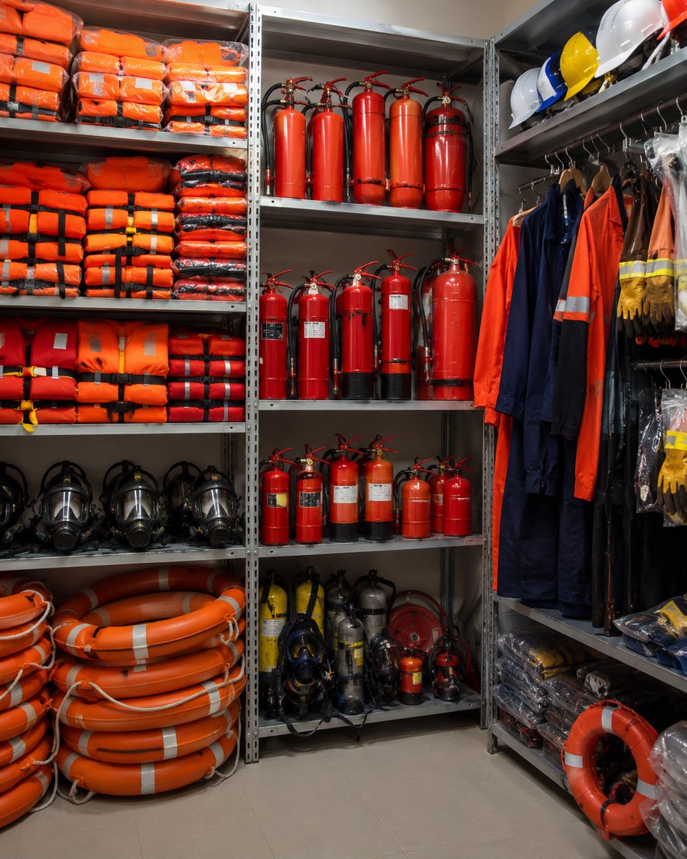 Warehouse aisle stocked with life jackets, lifebuoys, fire extinguishers and SOLAS safety equipment for supply