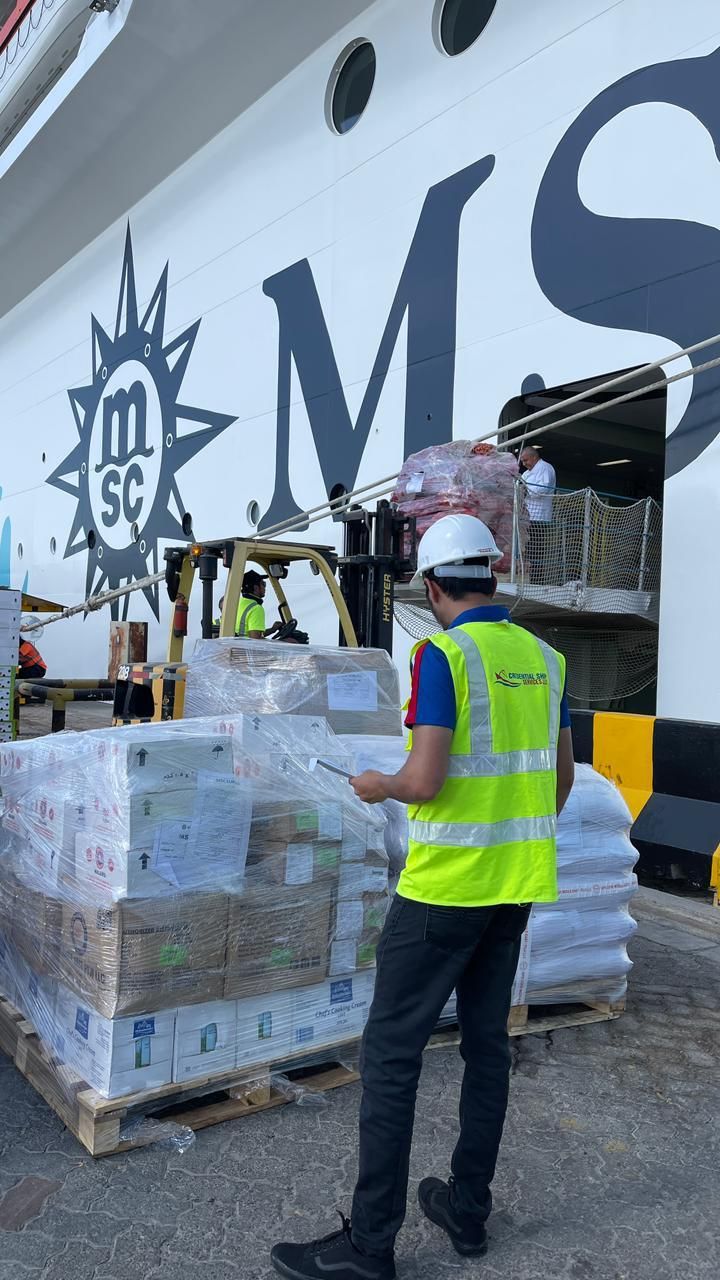 Credential Ship Services crew checking palletised stores alongside a cruise vessel at a UAE port
