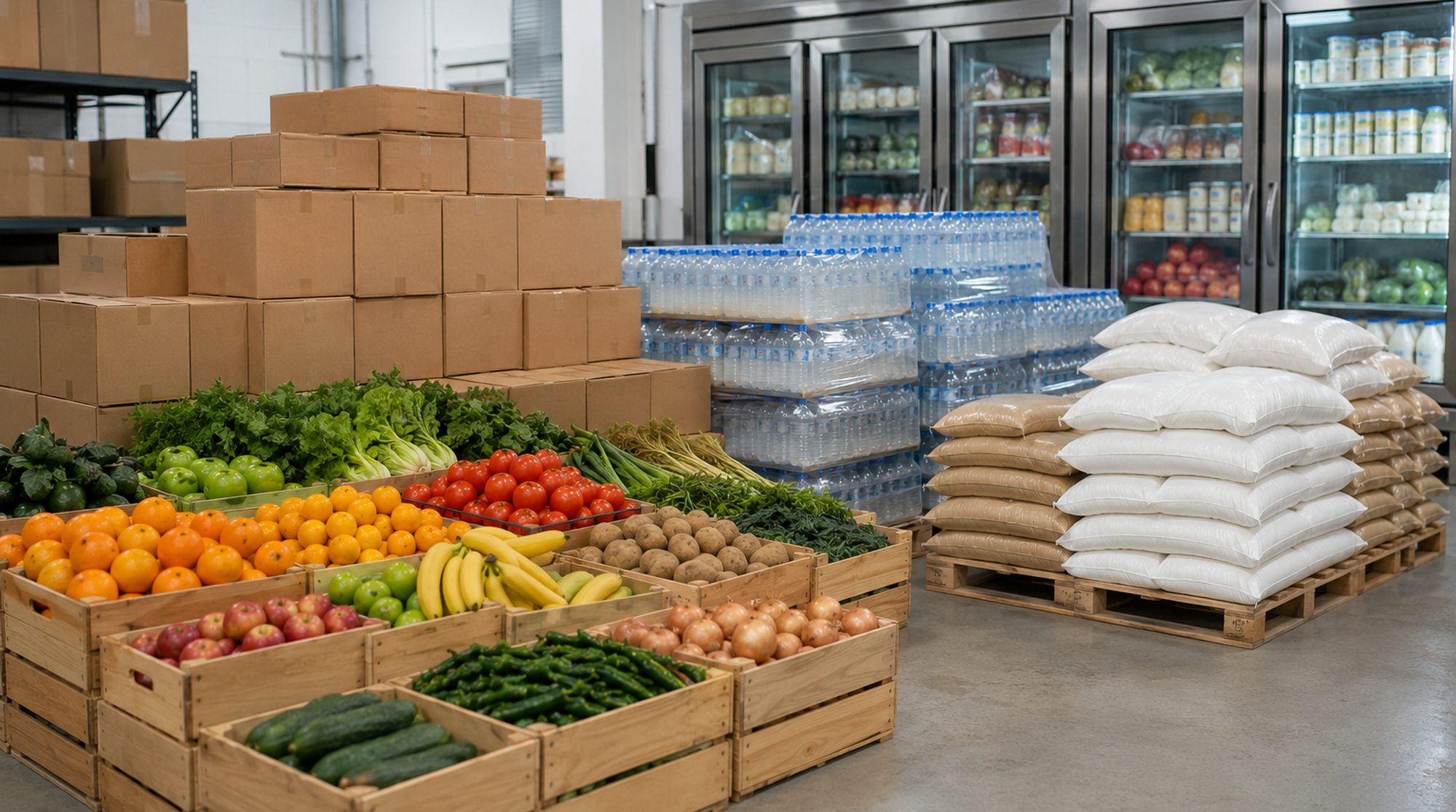 Ship provisions and bonded stores — fresh produce, bottled water, dry goods and bulk sacks in a UAE warehouse