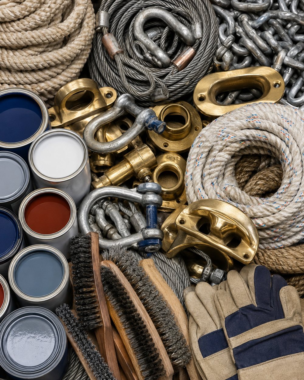 Mooring bollard with coiled ropes and rigging on a vessel deck — deck stores and rigging supplies