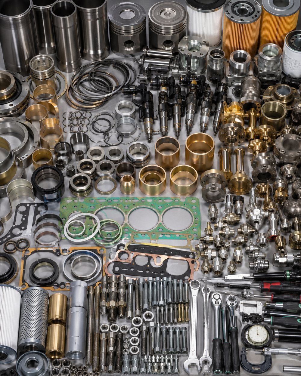 Marine engine spare parts, gaskets and tools laid out in a ship's store room — engine stores supply