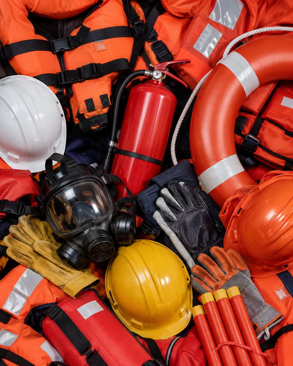 Marine safety and firefighting stores — life jackets, lifebuoys and fire extinguishers in a vessel store room