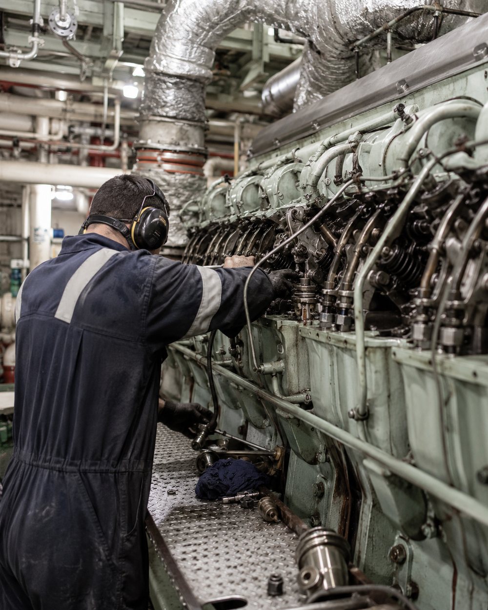 Marine engineer working on a ship's main engine during maintenance and overhaul