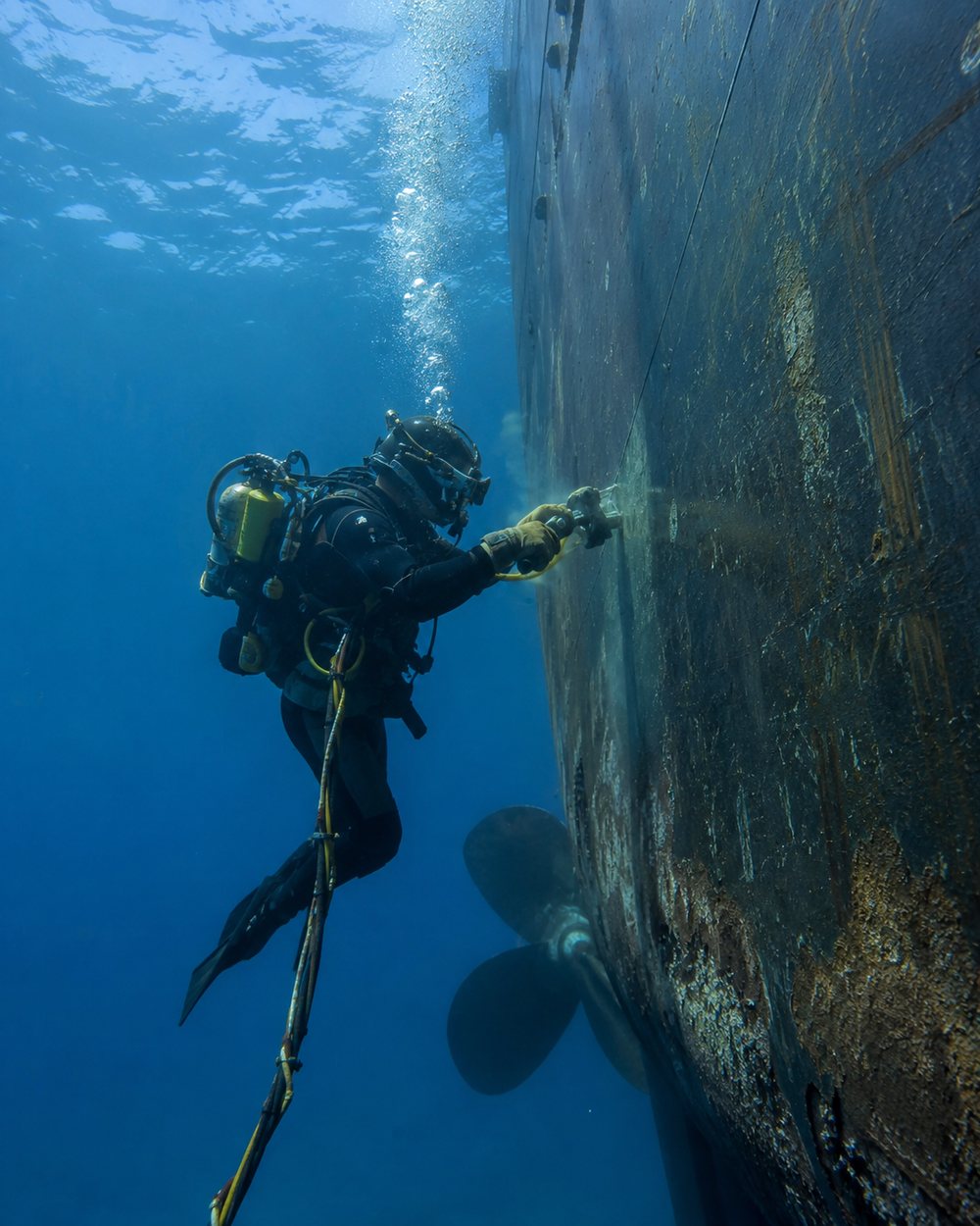 Commercial diver performing underwater hull cleaning and inspection on a vessel